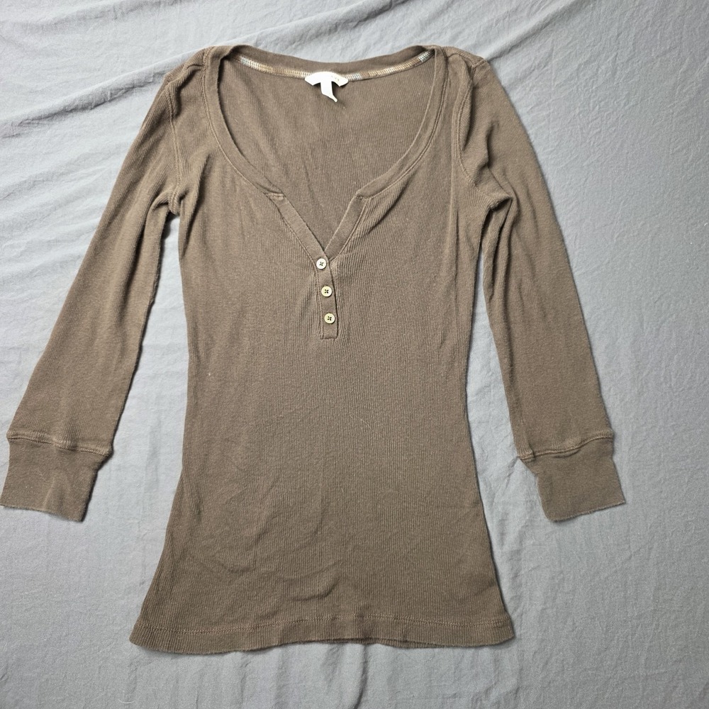 Y2K Fitted Old Navy Ribbed Long Sleeve Henley Top XS Brown